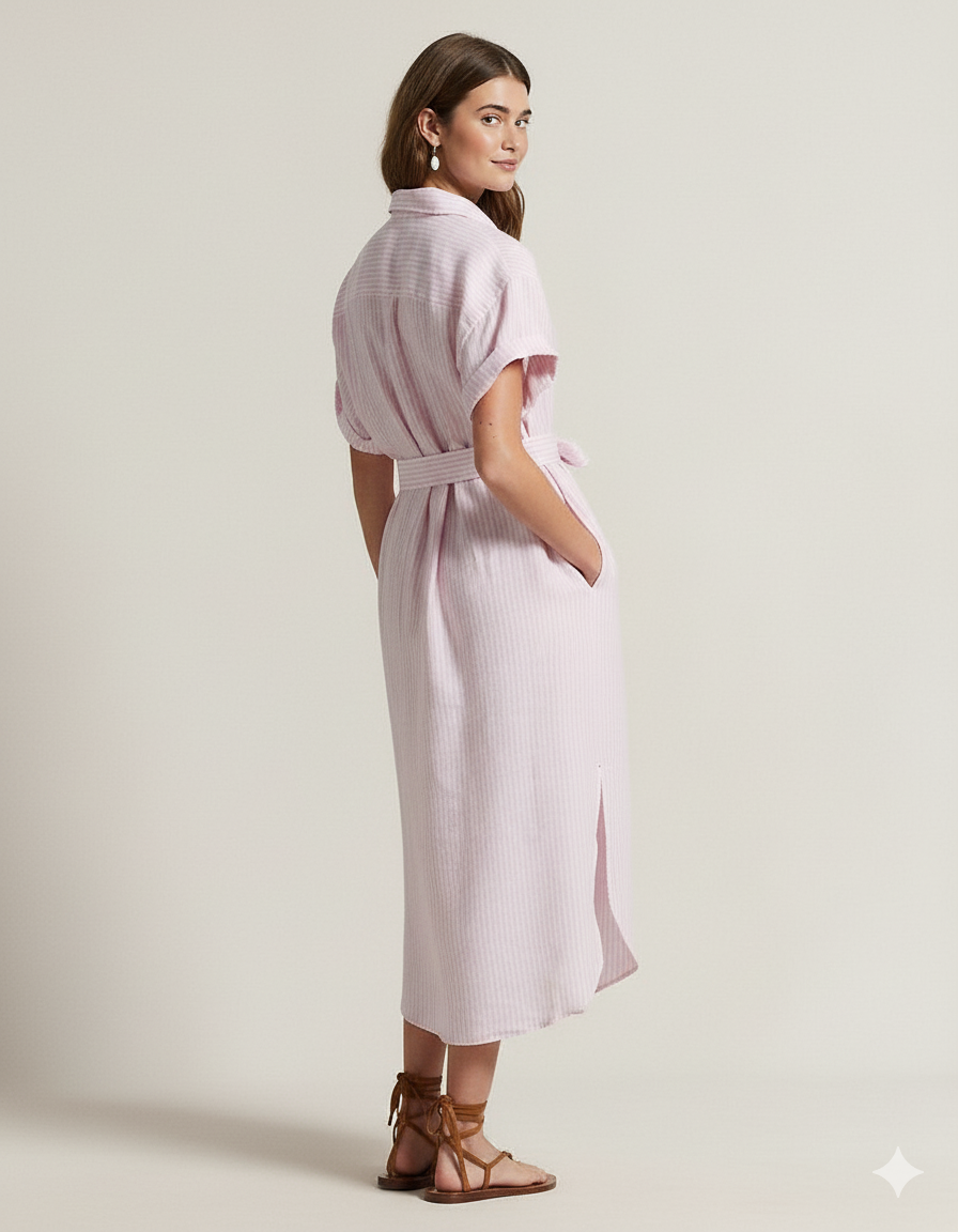 Striped Linen Short-Sleeve Shirtdress