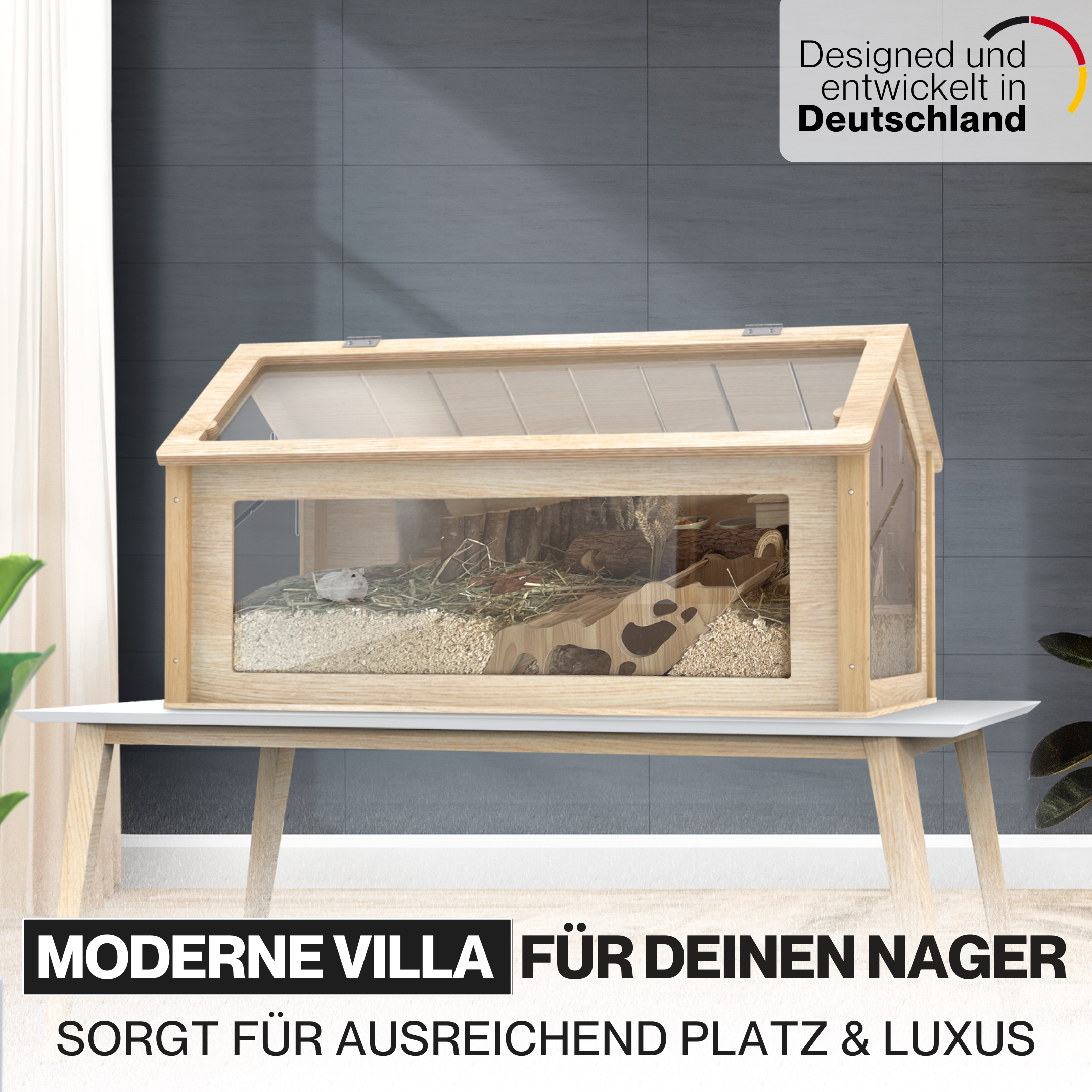 Hamsterkäfig 'Theodore' - Hamstervilla aus Lindenholz und Acrylglas - 100 x 55 x 50 cm - Inkl. Hamsterlaufrad