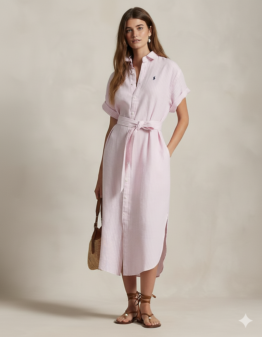 Striped Linen Short-Sleeve Shirtdress