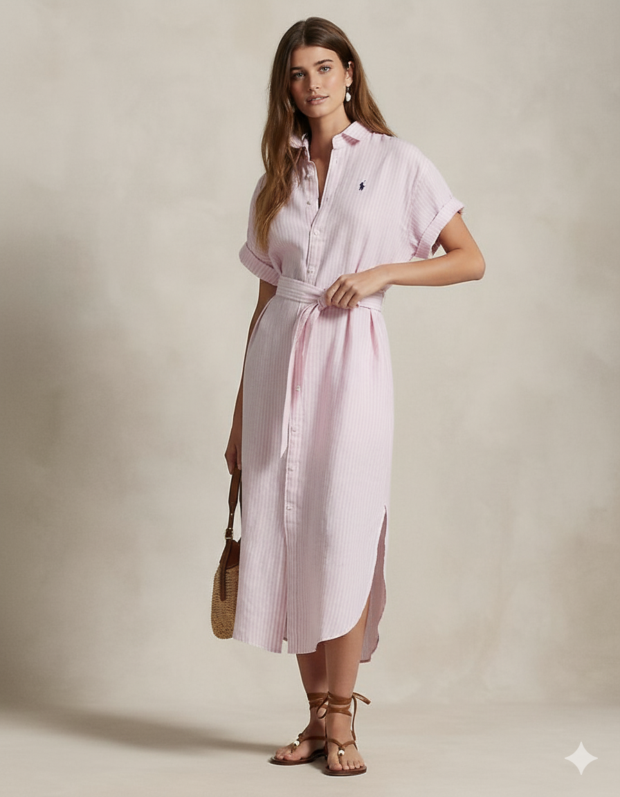 Striped Linen Short-Sleeve Shirtdress