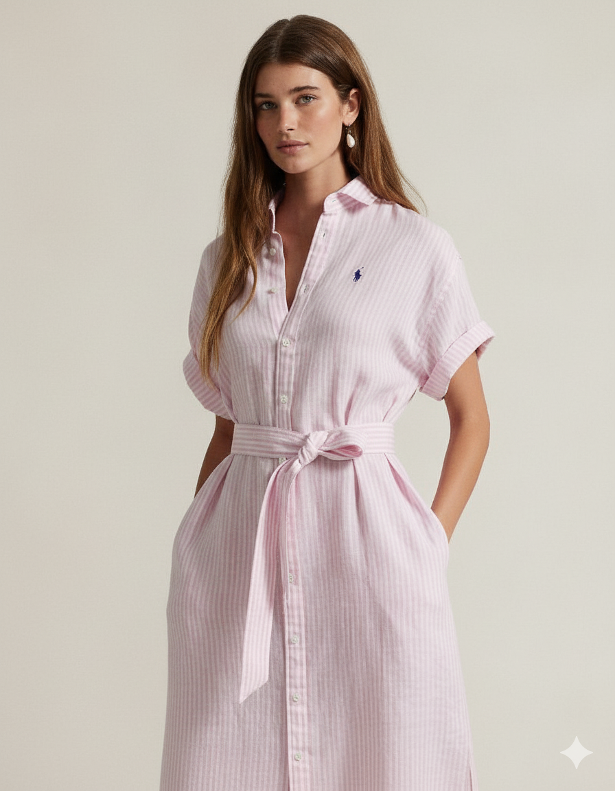 Striped Linen Short-Sleeve Shirtdress